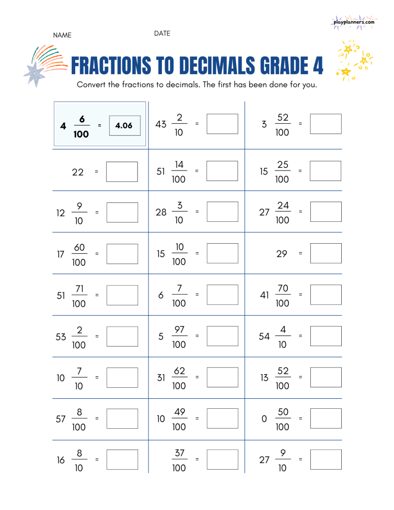 fraction to decimal practice worksheet for 4th grade