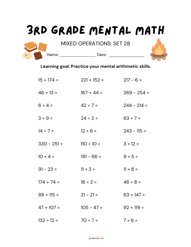 3rd grade mental math worksheet with addition subtraction multiplication and division