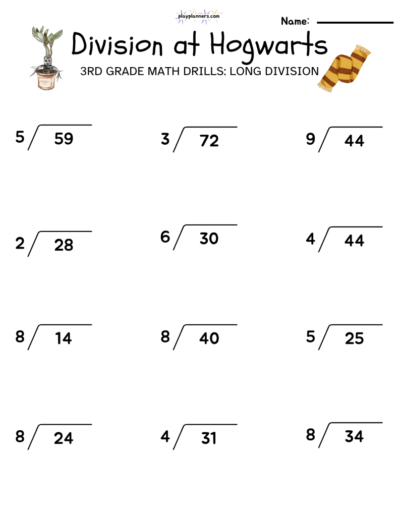 3rd Grade long division worksheet with a harry potter theme