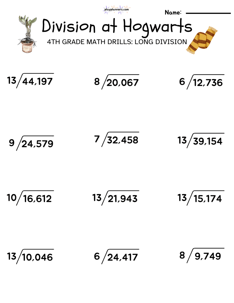 4th grade long division worksheet harry potter themed free printable
