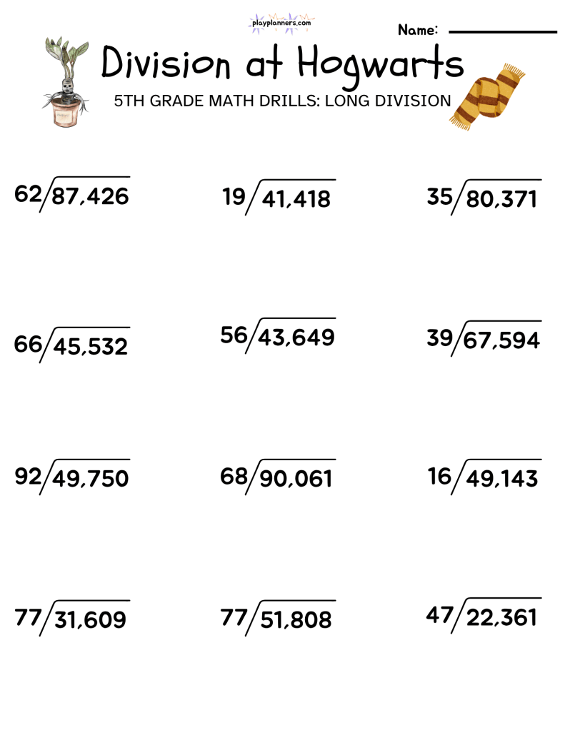 5th grade long division math worksheet harry potter themed free printable