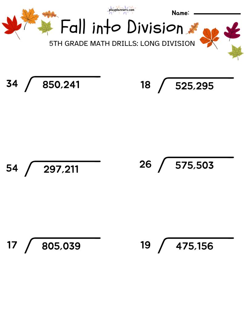 5th grade long division worksheet fall themed free printable