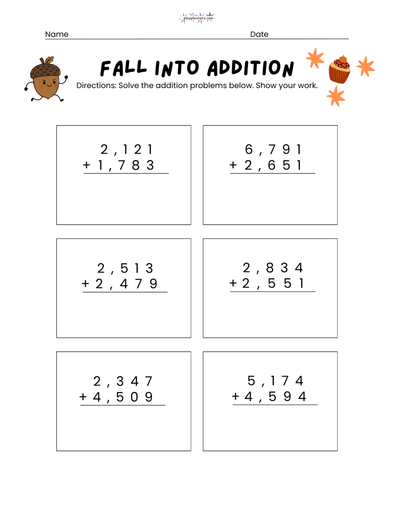 3rd grade four-digit addition worksheet