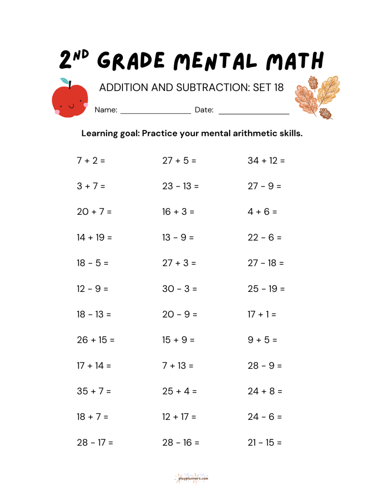2nd grade mental math worksheet with addition and subtraction