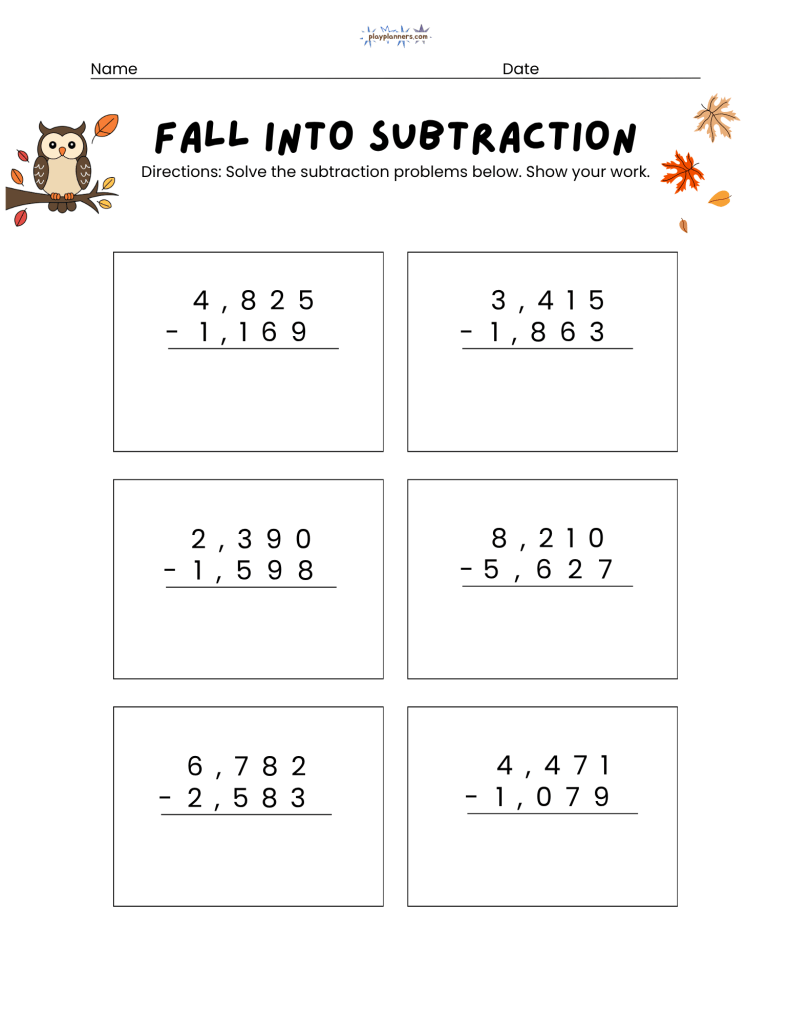 4th grade subtraction worksheets fall themed free printable