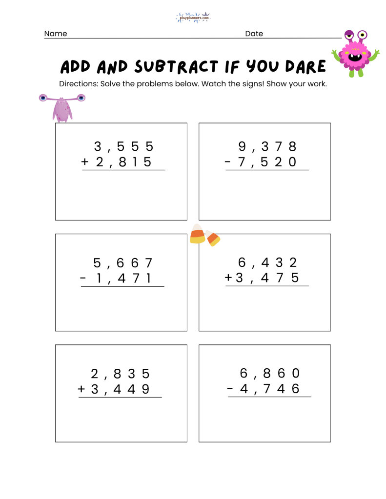 Addition and Subtraction practice for 3rd grade free halloween printable