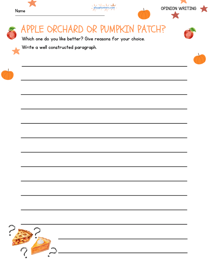 Fall opinion writing worksheet with the prompt โApple Orchard or Pumpkin Patch?โ and space for students to explain their choice in a paragraph.