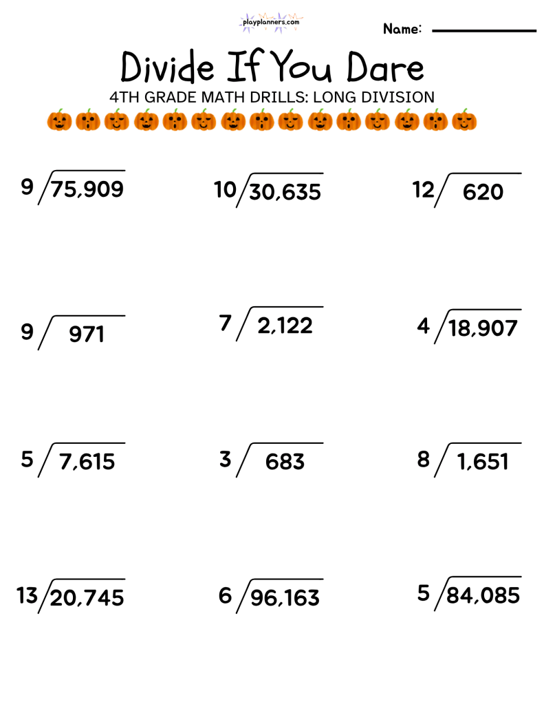 long division worksheets for 4th grade halloween themed