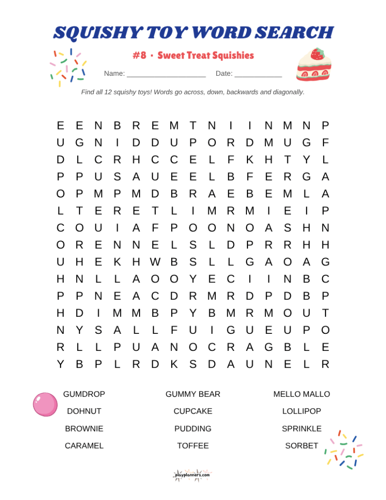 Squishy toy word search activity for elementary school kids