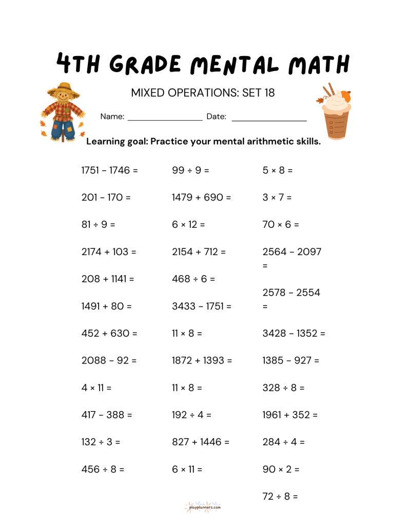 4th grade mental math worksheet, mixed operations set 18, with fall themed illustrations