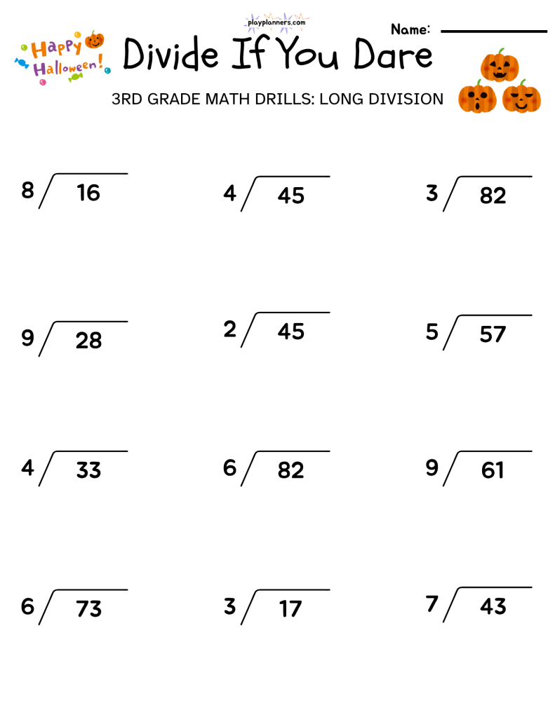 3rd grade long division halloween themed worksheet