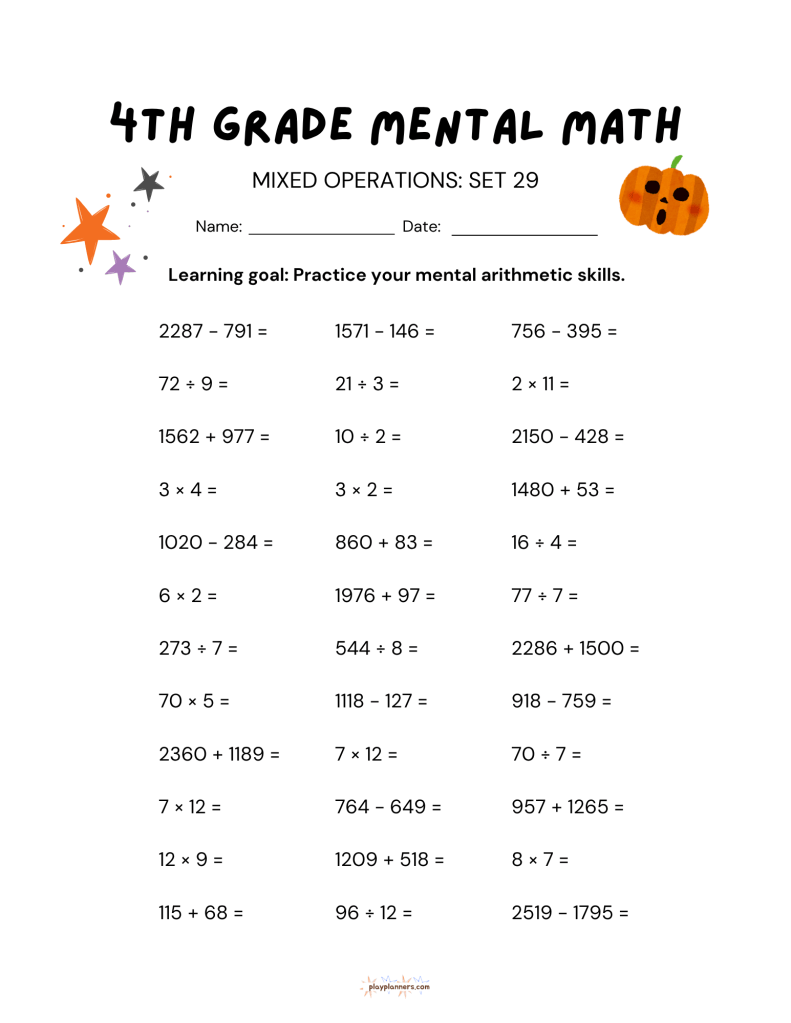3rd grade halloween themed mental math worksheet