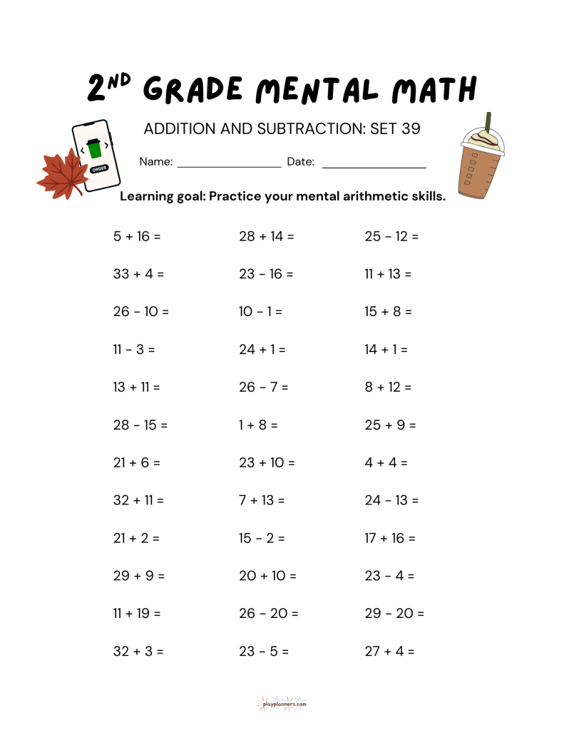 Thanksgiving themed second grade addition and subtraction worksheet