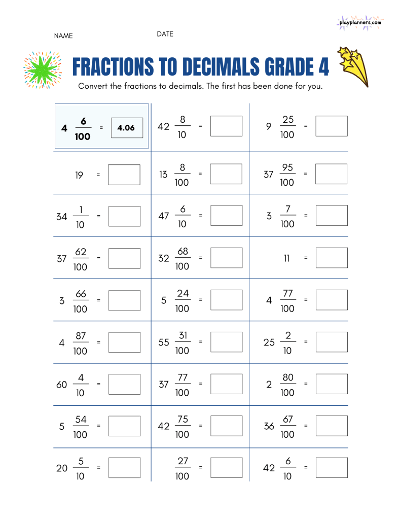 fraction to decimal practice worksheet for 4th grade