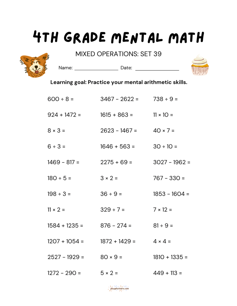 thanksgiving 4th grade mental math worksheet