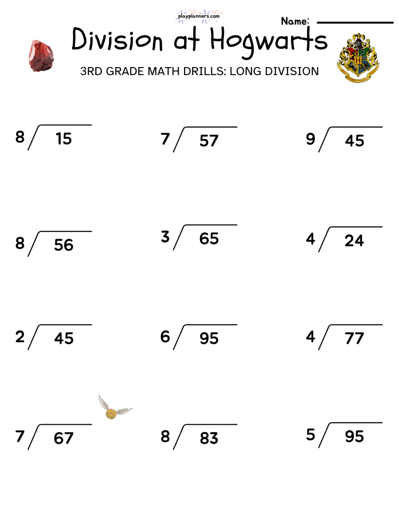 3rd Grade long division worksheet with a harry potter theme