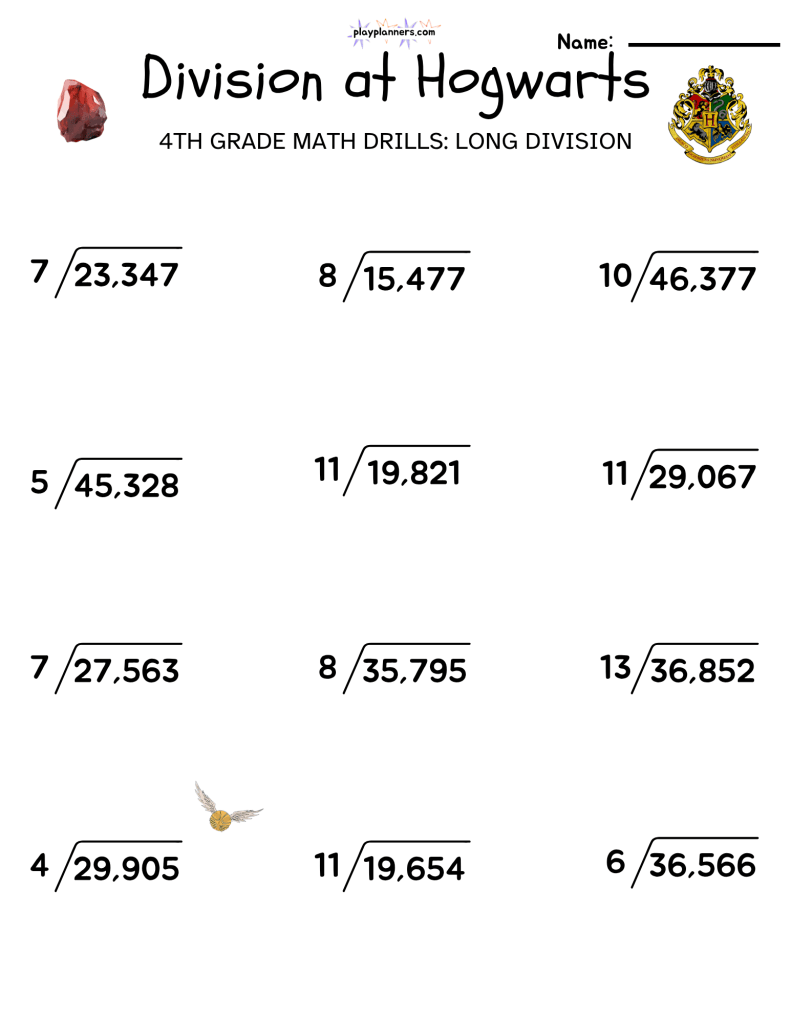4th grade long division worksheet harry potter themed free printable
