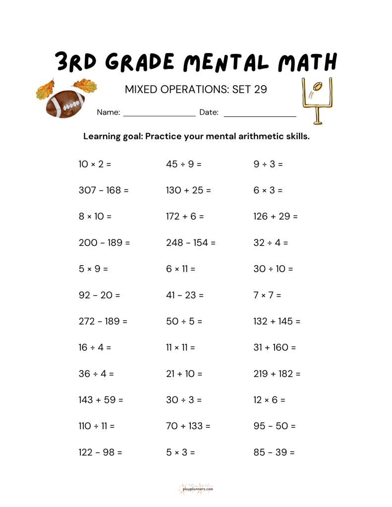 3rd grade mental math worksheet with addition subtraction multiplication and division