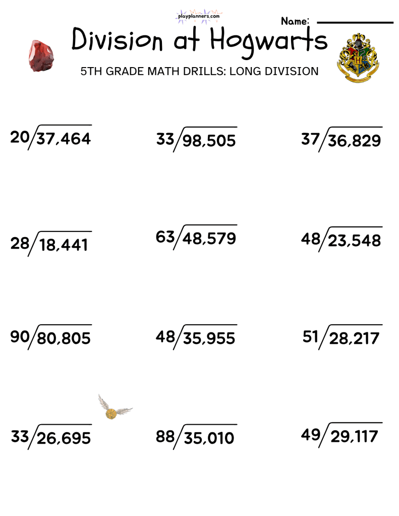 5th grade long division math worksheet harry potter themed free printable