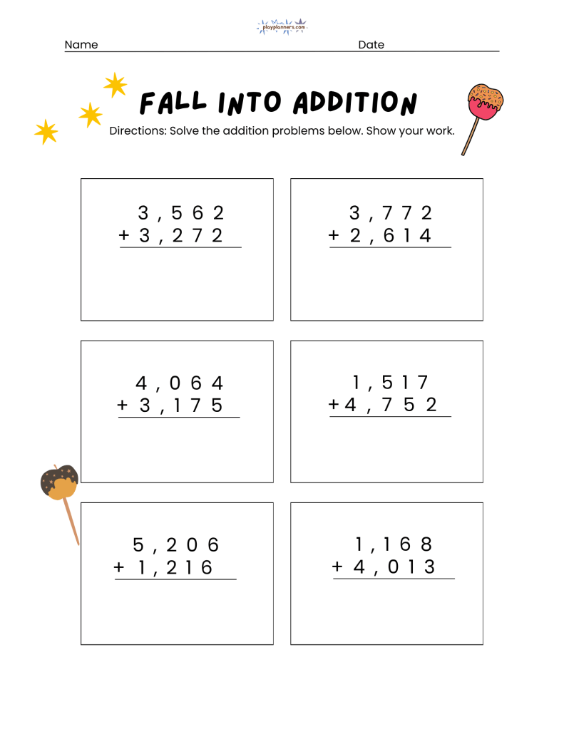3rd grade four-digit addition worksheet