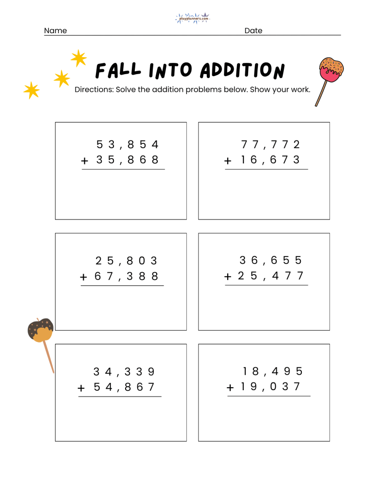 5 digit addition worksheet for 5th grade
