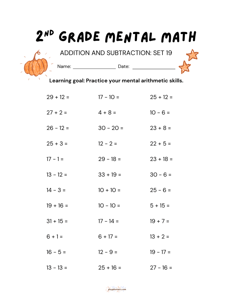 2nd grade mental math worksheet with addition and subtraction