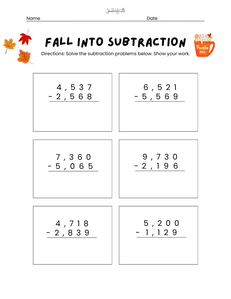 4th grade subtraction worksheets fall themed free printable