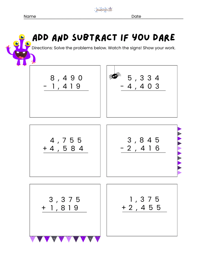 Addition and Subtraction practice for 3rd grade free halloween printable