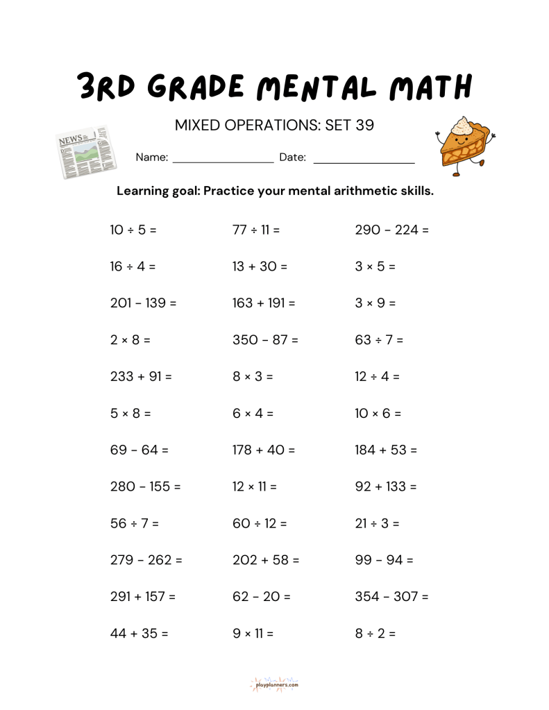 3rd grade mental math worksheet thanksgiving fall themed