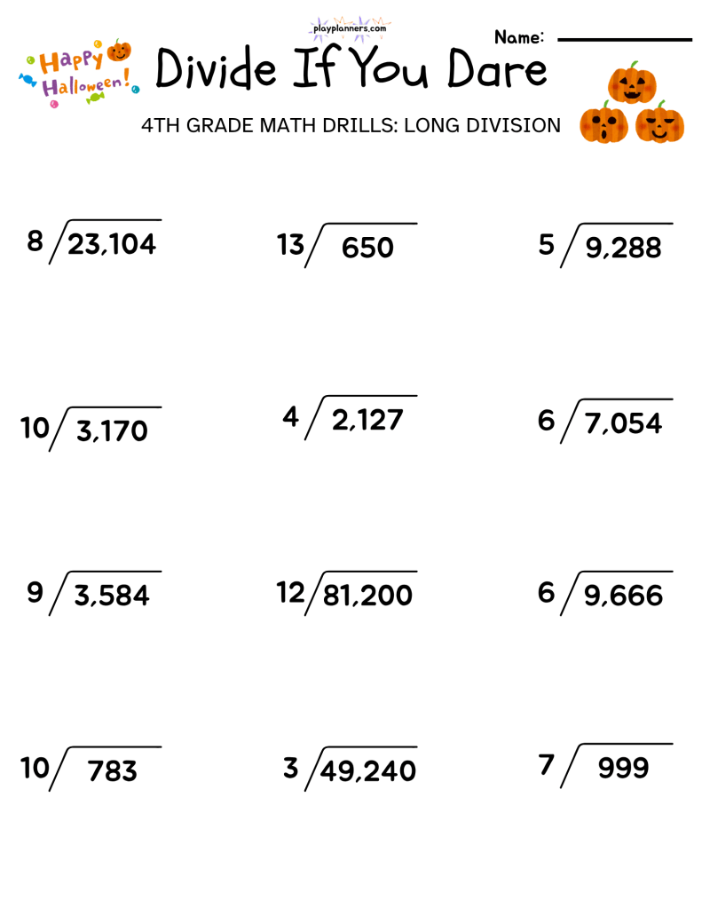 long division worksheets for 4th grade halloween themed