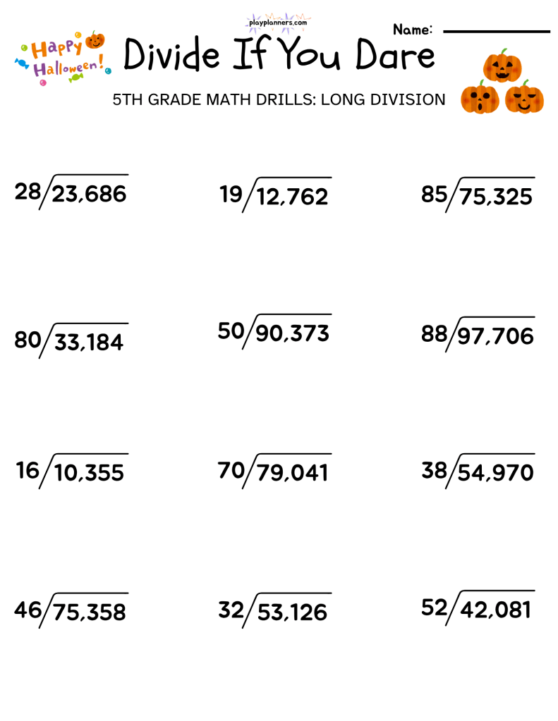 5th grade halloween themed long division worksheet