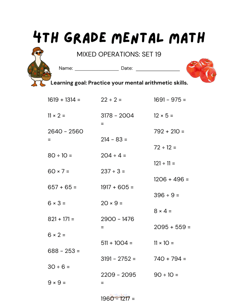 4th grade mental math worksheet, mixed operations set 19, with fall themed illustrations