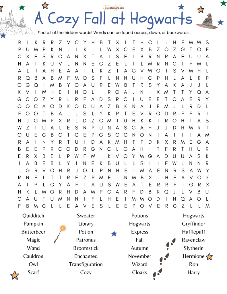 challenging harry potter fall word search