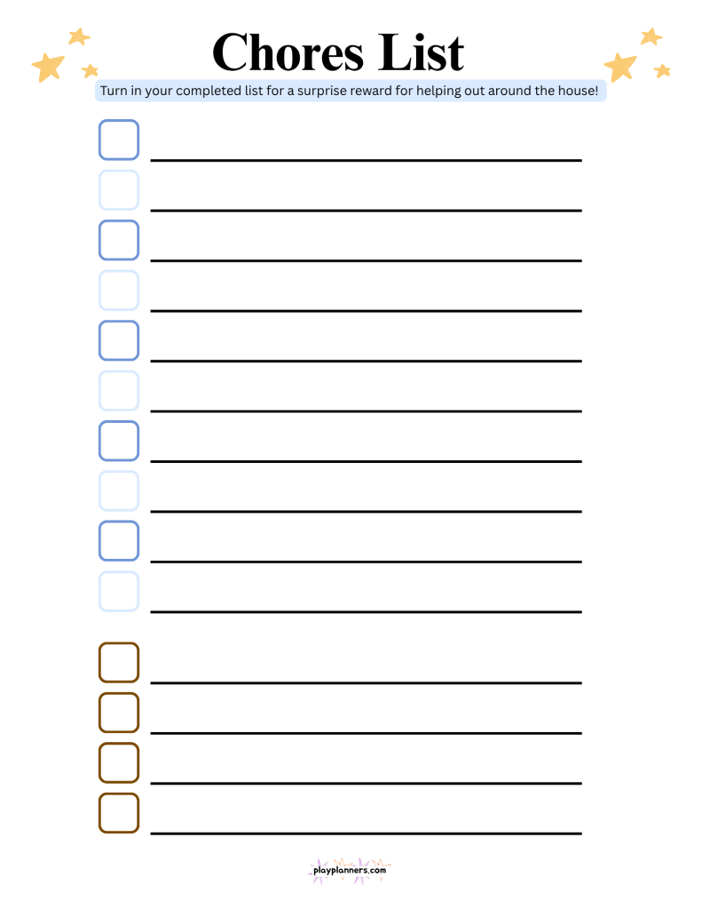 Free printable chore list for kids with 14 chore task boxes