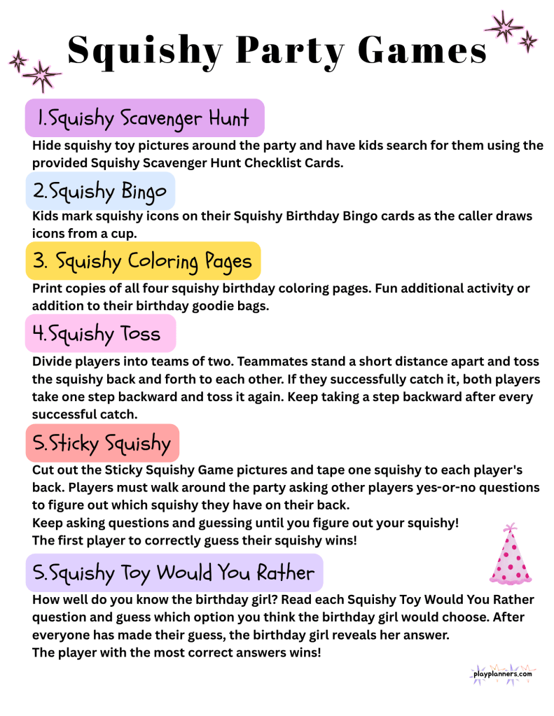 Squishy Birthday party game list