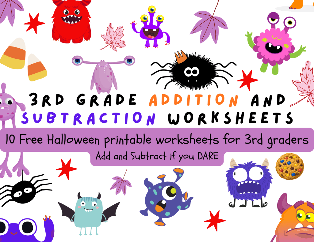 3rd grade halloween themed math practice worksheets free printable addition and subtraction practice