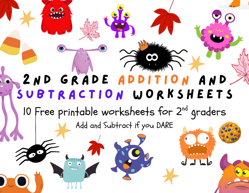Second grade halloween themed addition and subtraction practice worksheets