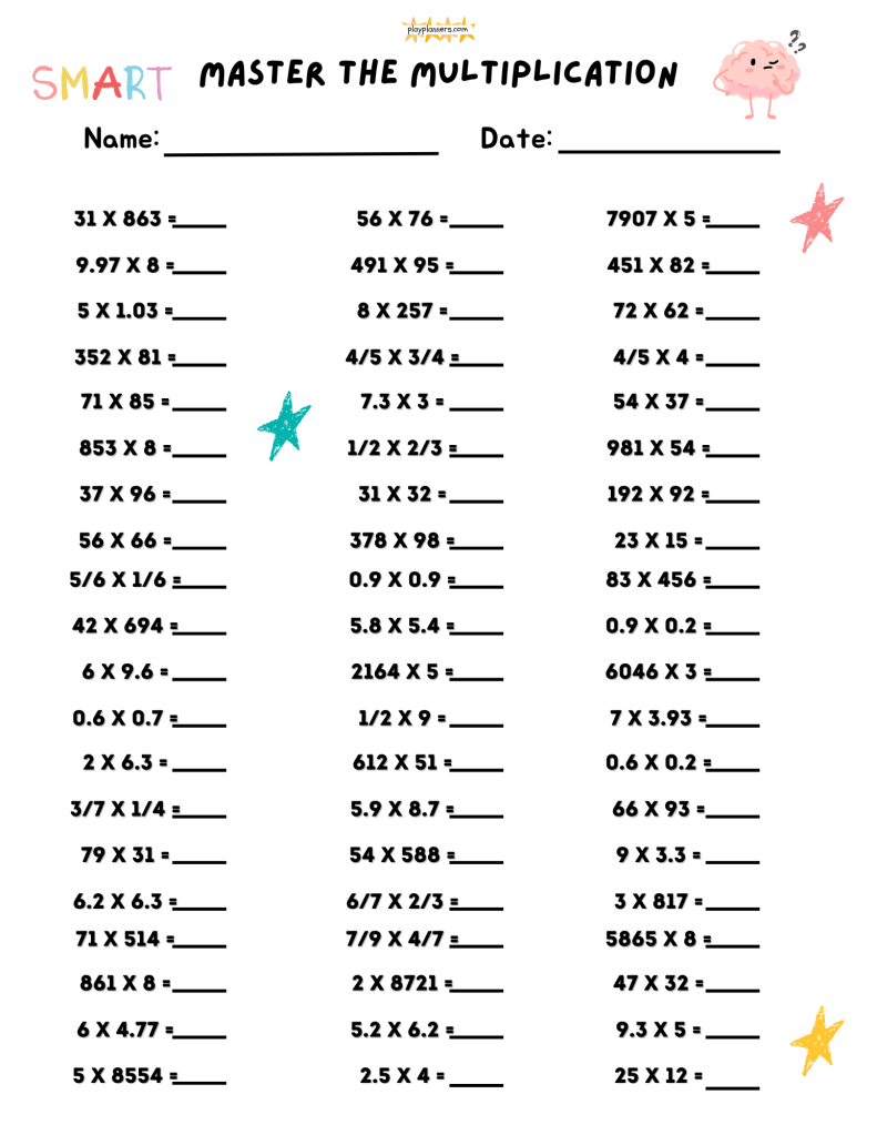 5th grade multiplication practice sheet with decimal, fraction, and multi-digit multiplication problems