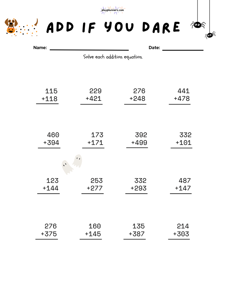 Add If You Dare Halloween addition worksheet from a set of 10 free third grade vertical addition printables.