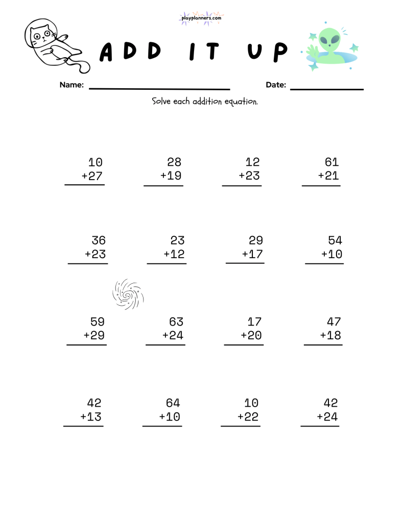 Free space-themed addition worksheet from a set of 10 second grade math printables with 16 problems per page.