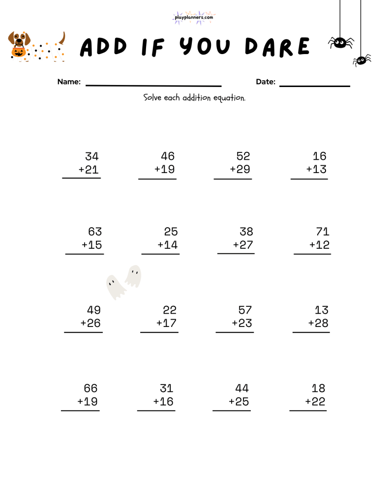 Printable Halloween addition worksheet for kids featuring vertical addition problems and spooky designs.