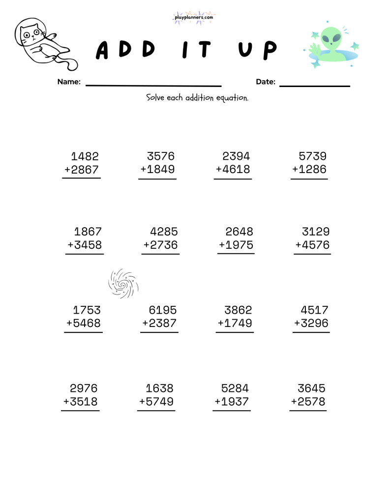 Free space-themed addition worksheet for fourth grade featuring multi-digit addition practice and printer-friendly illustrations.