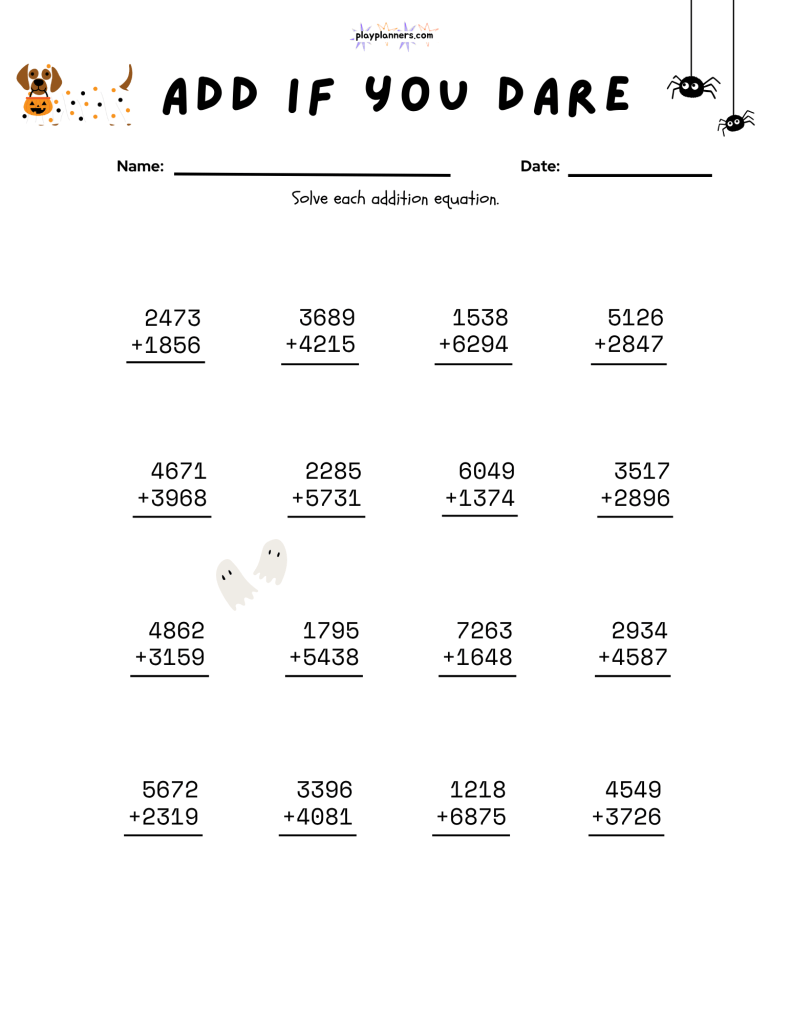 One of 10 Add If You Dare Halloween addition worksheets for fourth grade, featuring printable vertical addition practice.