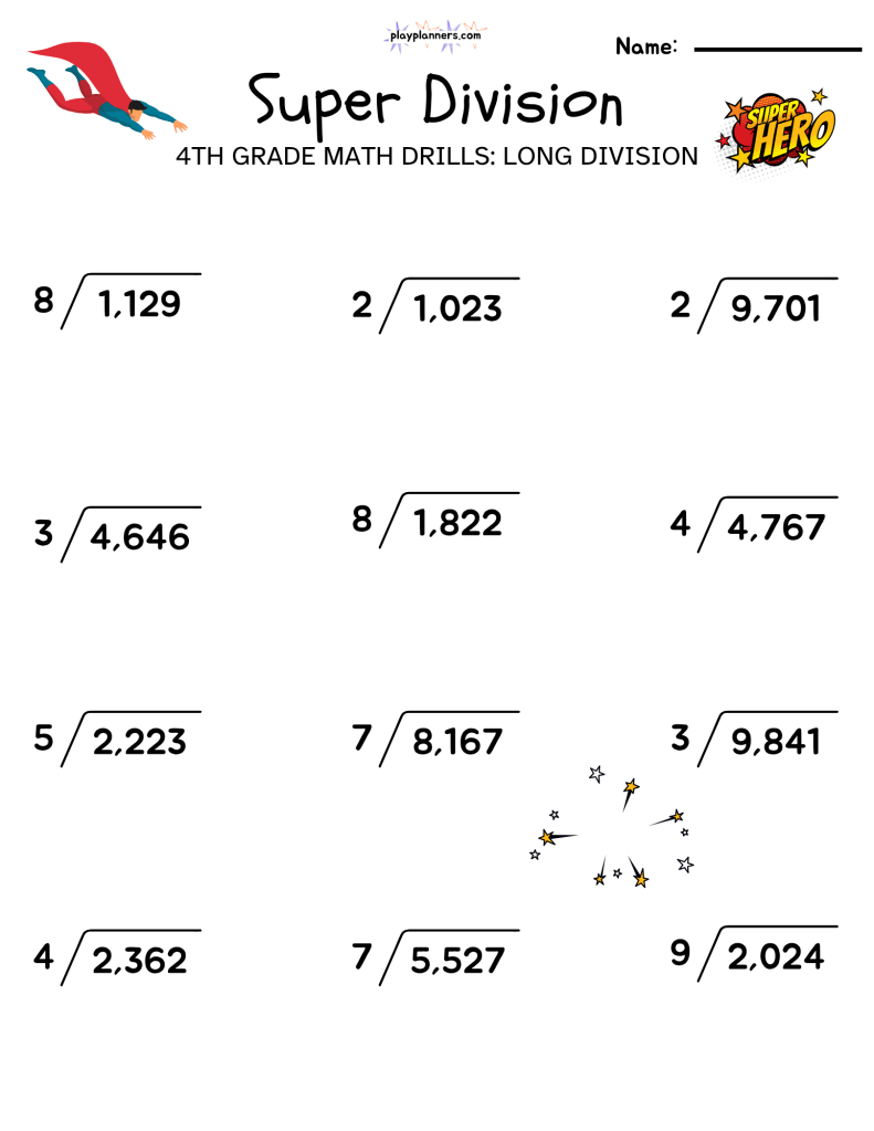 Printable Super Division long division worksheet featuring 12 fourth grade division problems with four-digit dividends and single-digit divisors.