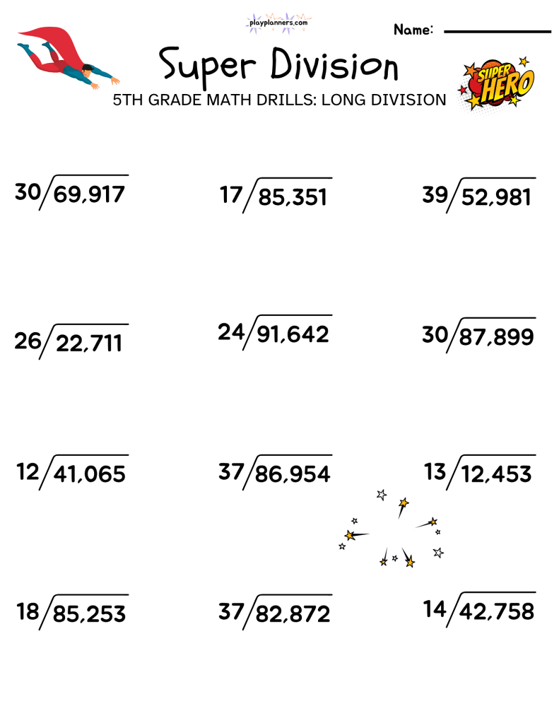 Free 5th grade division worksheets from the Super Division series, featuring 12 long division problems on each printable page.