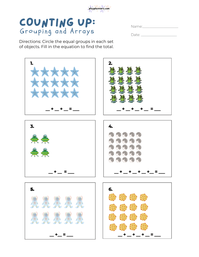 Free space-themed 3rd grade arrays worksheet for practicing equal groups, repeated addition, and foundational multiplication skills.