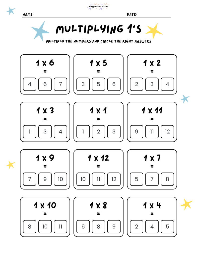 Free multiplying by 1 worksheet with 12 multiplication facts and three answer choices for each problem.