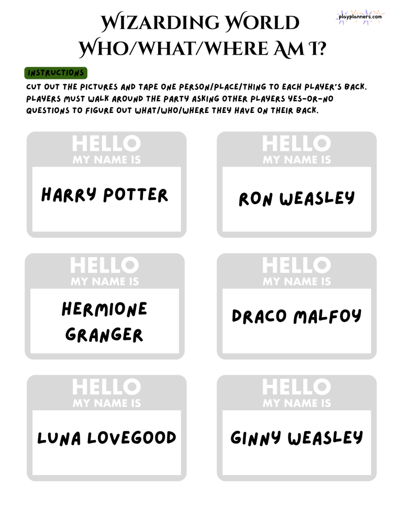 Hogwarts themed Who What Where guessing game printable for children to play at a Harry Potter birthday party by asking yes or no questions.