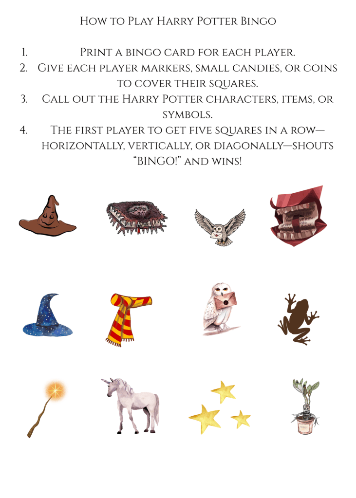 Harry Potter birthday party games printable featuring themed bingo cards for kids to play at a magical wizard birthday celebration.
