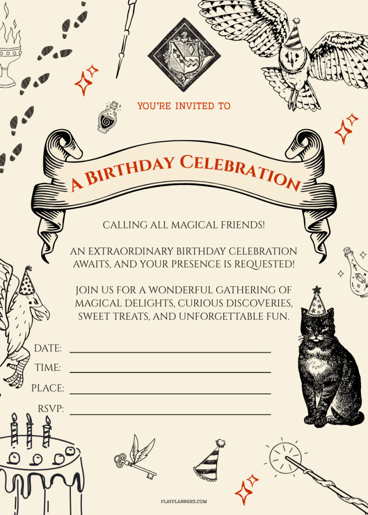Harry Potter themed birthday party invitation printable with Hogwarts inspired design for a magical wizard birthday celebration.